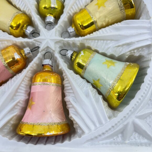 vintage 6 piece bell shaped glass christmas tree ornaments with glitter accents - Picture 6 of 10